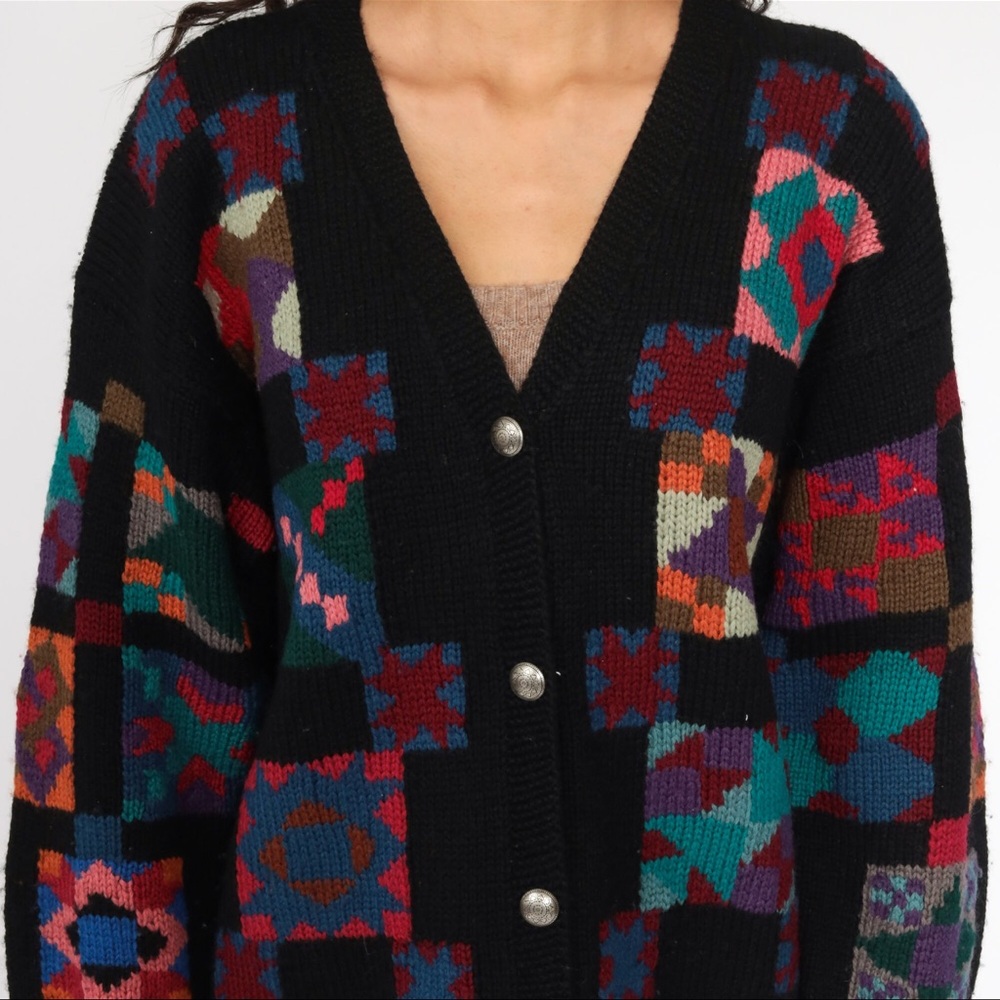 L.L. Bean Black Multicolor Patchwork Cardigan - image 2